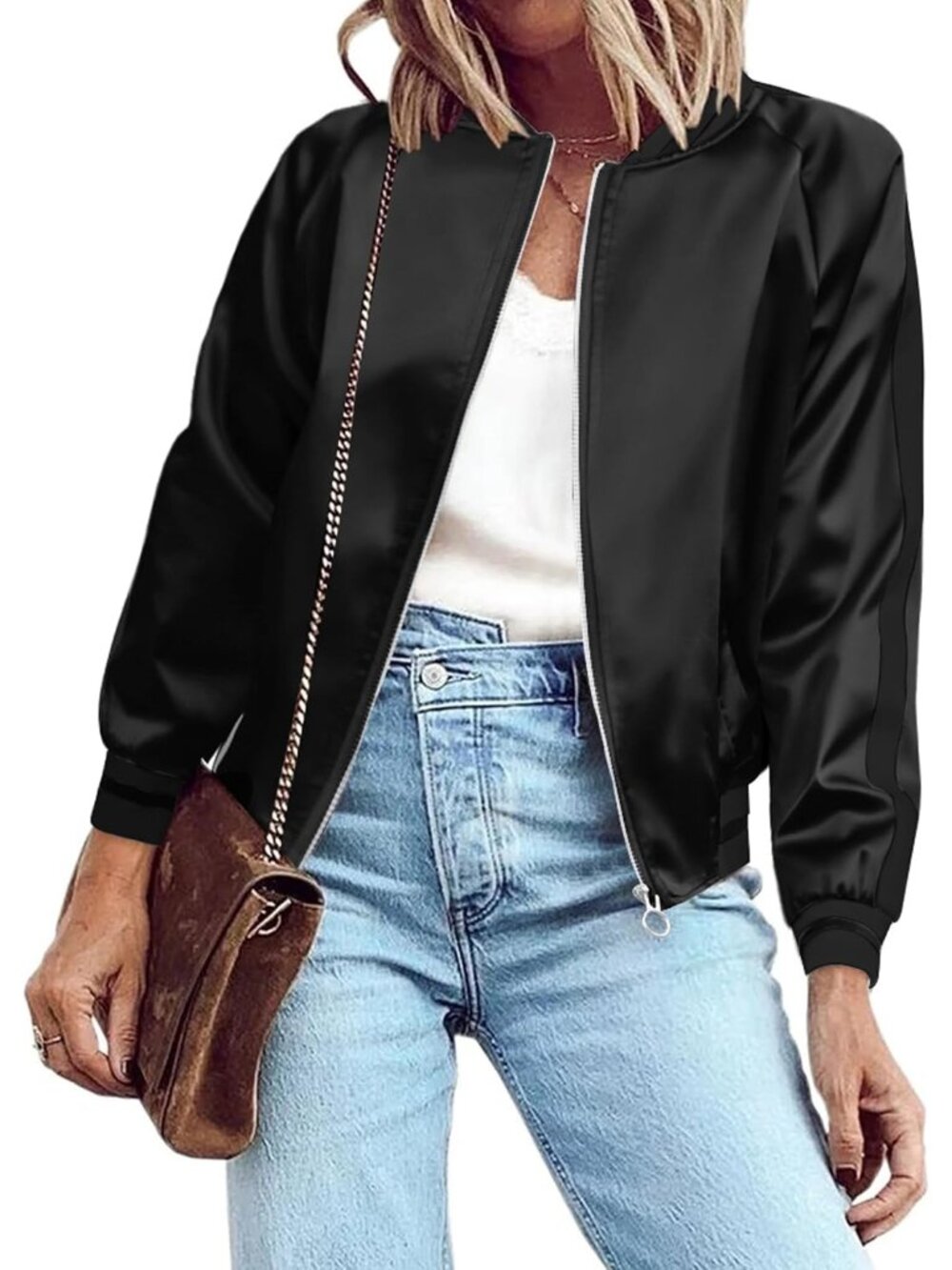 Womens Pure Black 100% Polyester Shiny Zip Up Casual Striped Satin Bomber Jacket